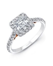 Uneek "Fiorire" Princess-Cut Diamond Engagement Ring with Square Halo and Pave Shank in 14K White Gold, and Under-the-Head Filigree in 14K Rose Gold