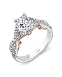 Uneek "Paradiso" Emerald-Cut Diamond Engagement Ring with Pave Infinty/Crisscross Shank in 14K White Gold, and Under-the-Head Filigree in 14K Rose Gold