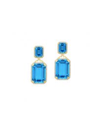London Blue Topaz Emerald-Cut with Diamonds, Push Backs Earrings