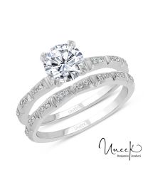 Uneek Round Diamond Bridal Set with Baguette-Illusion Round Diamond Cluster Accents in 14K White Gold