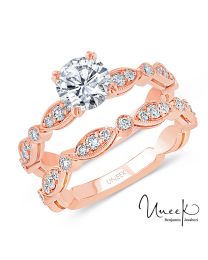 Uneek Round Diamond Bridal Set with Milgrain-Trimmed Marquise-Shaped Clusters and Round Bezel Stations, in 14K Rose Gold