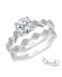 Uneek Round Diamond Cathedral Setting Engagement Ring and Matching Wedding Band, with Diamond-Shaped Cluster Accents, in 14K White Gold