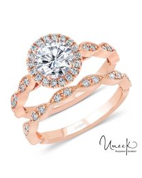 Uneek Round Diamond Halo Engagement Ring and Matching Wedding Band, with Milgrain-Trimmed Marquise-Shaped Clusters, in 14K Rose Gold