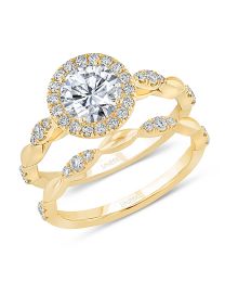Uneek Round Diamond Halo Engagement Ring and Matching Wedding Band, with Navette-Shaped Cluster Accents, in 14K Yellow Gold