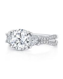 Uneek Round-Center Classic Three-Stone Engagement Ring with Pave "Silhouette" Double Shank, in 18K White Gold