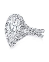 Uneek Pear-Shaped Diamond Halo Engagement Ring with Pave "Silhouette" Double Shank, in 14K White Gold