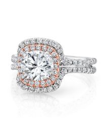 Uneek Round Diamond Engagement Ring with Two-Tone Double Cushion Halo and Pave White Gold Double Shank, in 14K Gold